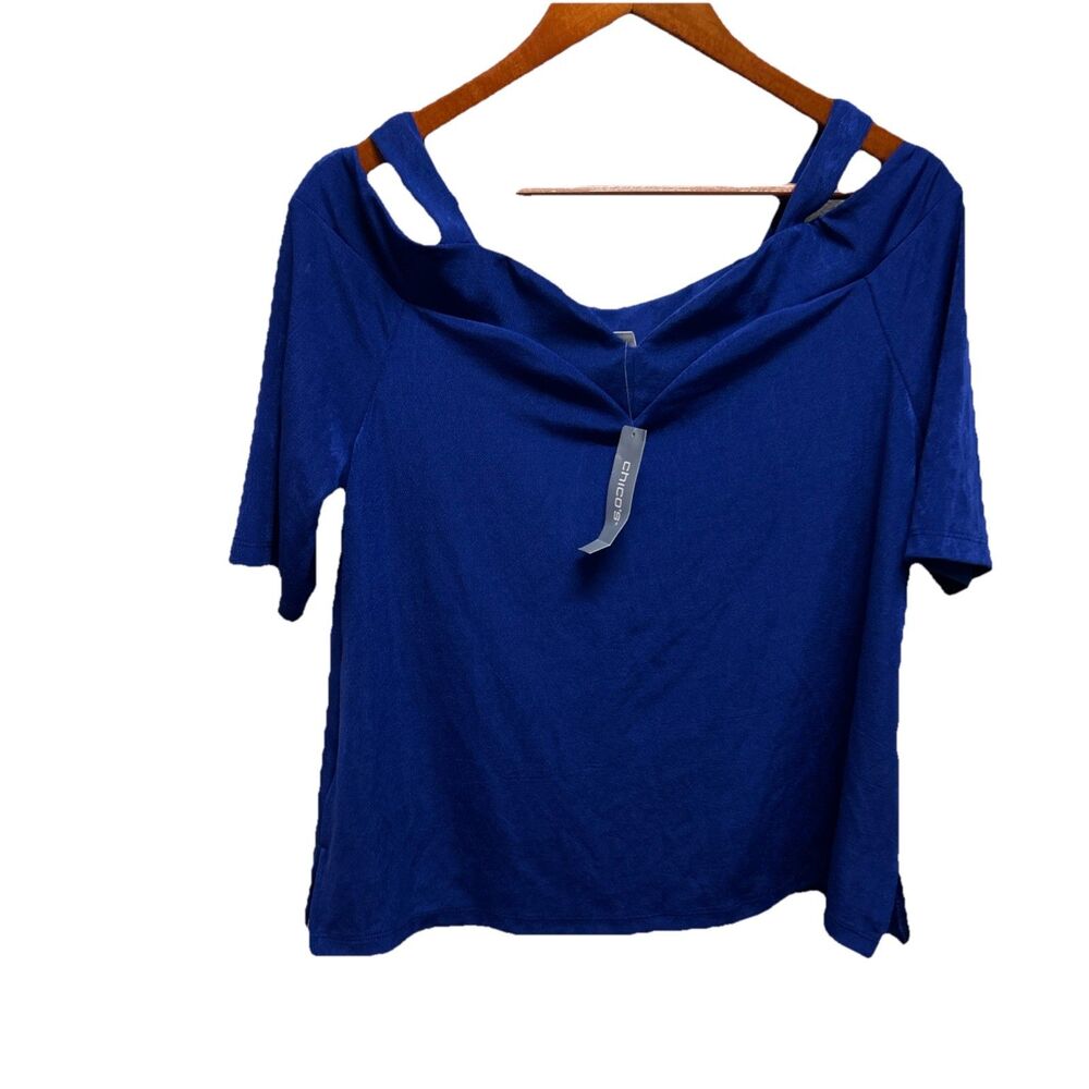 Chico's Travelers Off Shoulder Elbow Sleeve Seafaring Blue Top Women's Sz 2 NWT